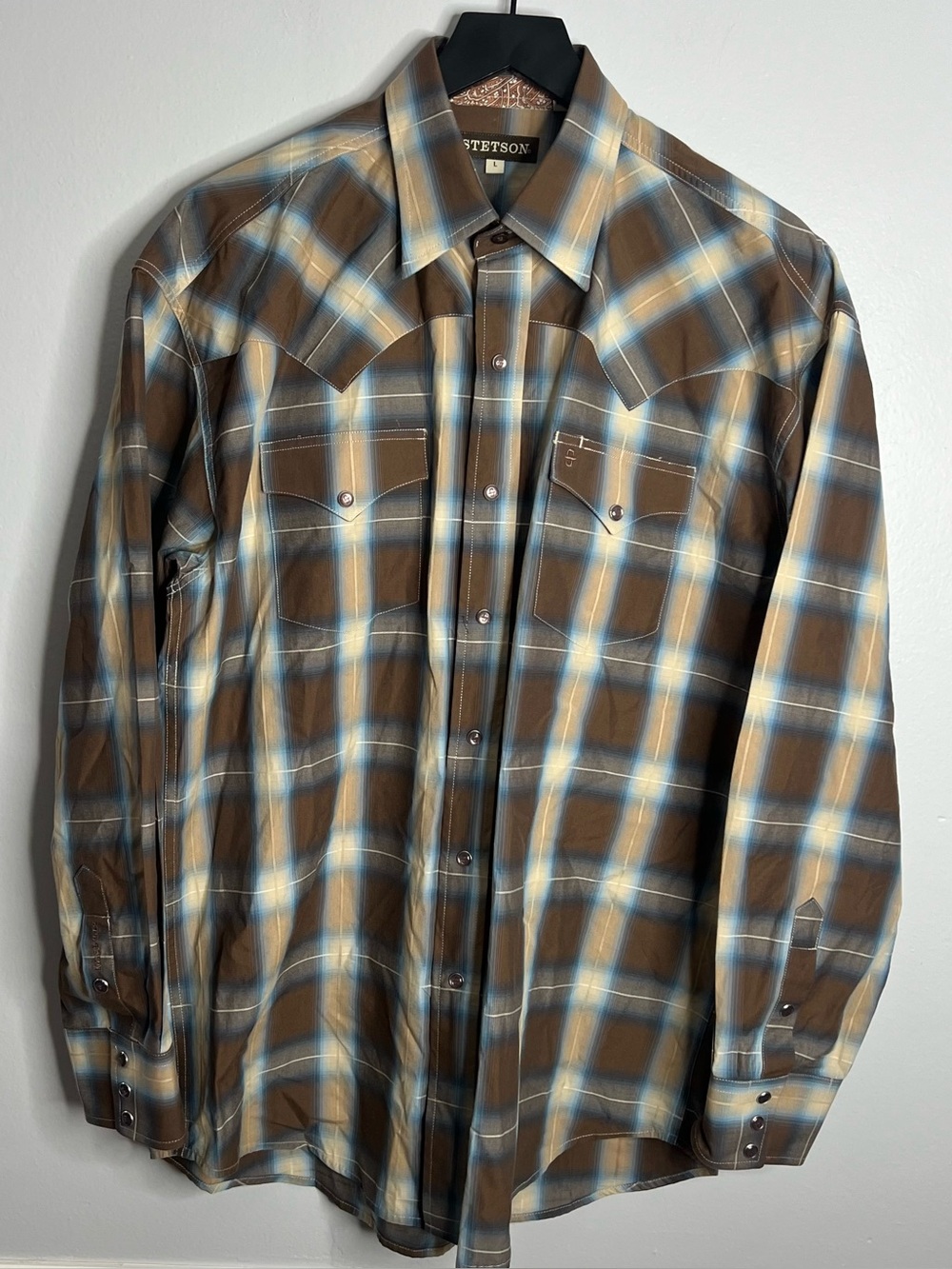 Stetson Sierra Plaid Pearl Snap Long Sleeve Cowboy Shirt Mens Large Brown Blue